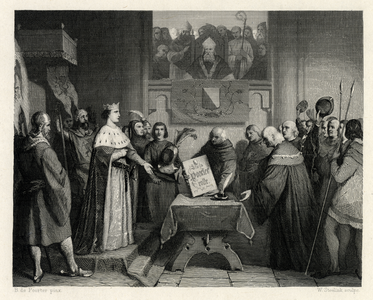 32307 Afbeelding van Rooms koning graaf Willem II van Holland die - onder toeziend oog van de bisschop - door de ...